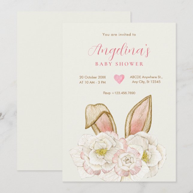 Floral bunny baby shower invitation (Front/Back)
