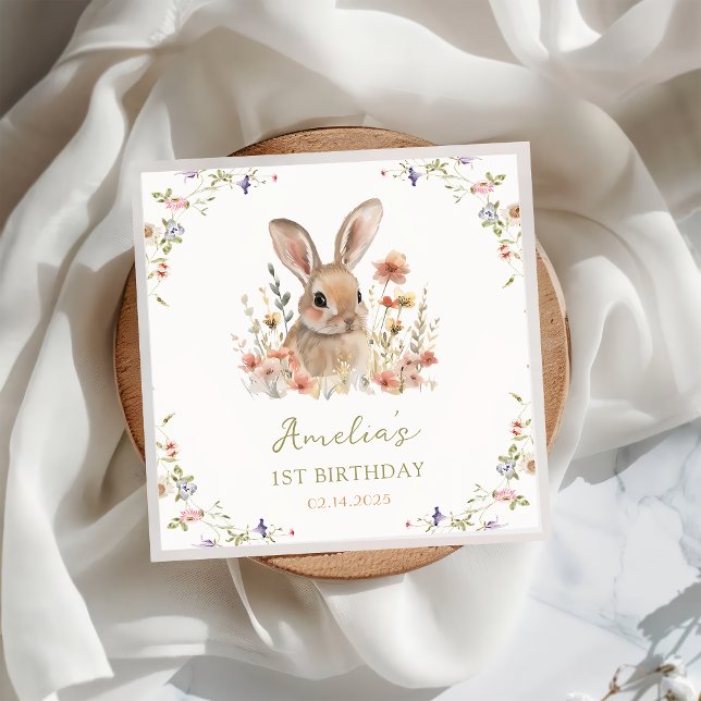 Floral Bunny Birthday Paper Napkin (Creator Uploaded)