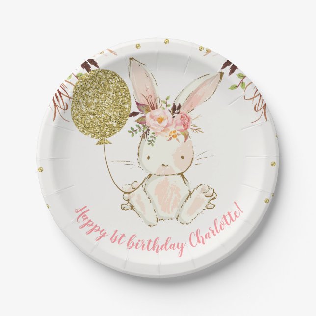 Floral Bunny Birthday Party Paper Plate (Front)