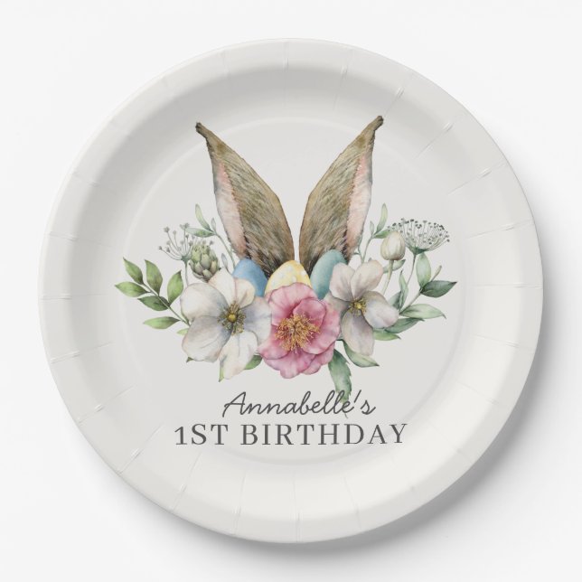 Floral Bunny Ear Birthday Paper Plate (Front)
