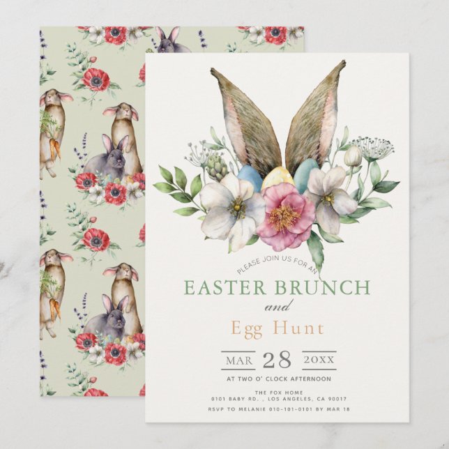 Floral Bunny Ear Easter Brunch & Egg Hunt Invitation (Front/Back)