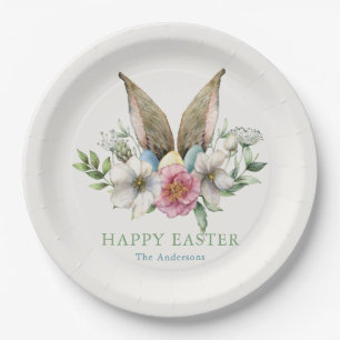 Floral Bunny Ear Happy Easter Paper Plate