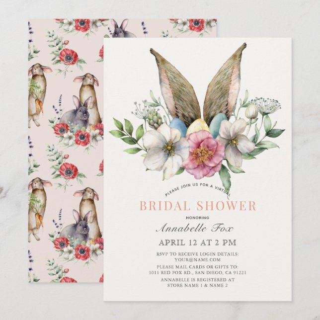 Floral Bunny Ear Virtual Bridal Shower Invitation (Front/Back)