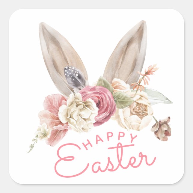 Floral Bunny Ears | Happy Easter  Square Sticker (Front)