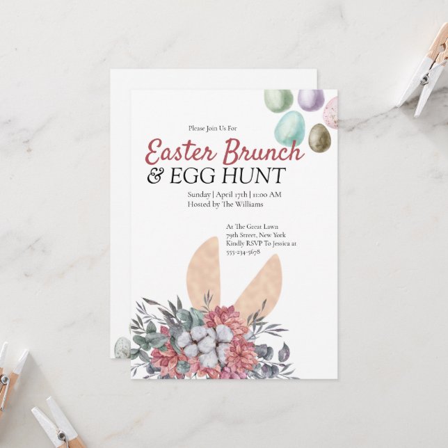 Floral Bunny Easter Brunch Egg Hunt Invitation (Front/Back In Situ)