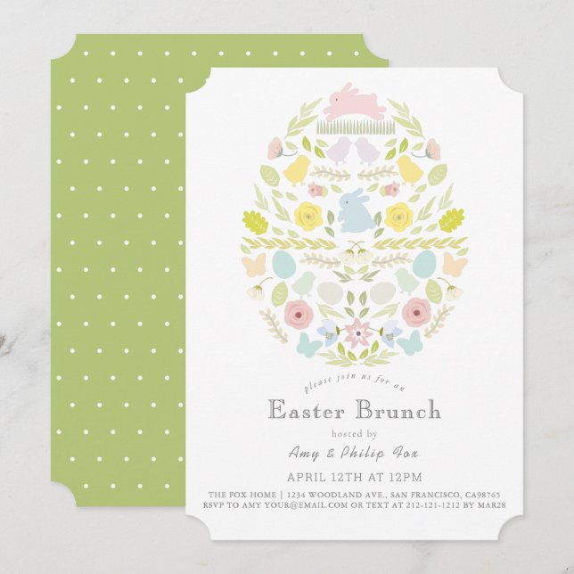 Floral Bunny Easter Egg Green Easter Brunch Invitation (Front/Back)