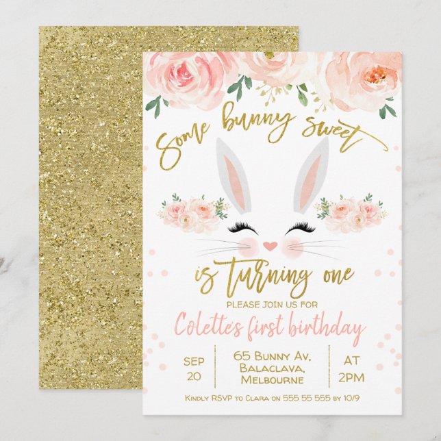 Floral bunny face 1st Birthday Invitation (Front/Back)