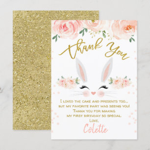 Floral bunny face birthday thank you card