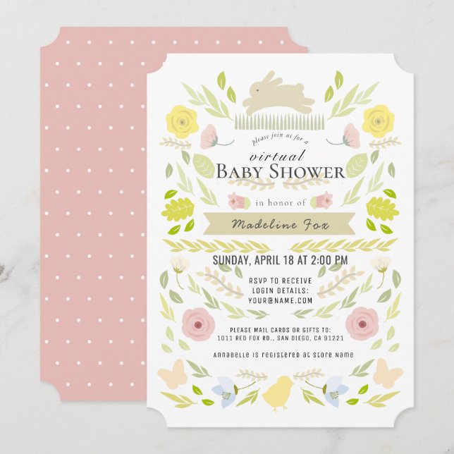 Floral Bunny Foliage Pink Virtual Baby Shower Invitation (Front/Back)