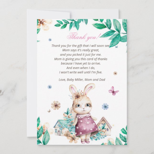 Floral Bunny Girl Baby Shower Thank You Card (Front)