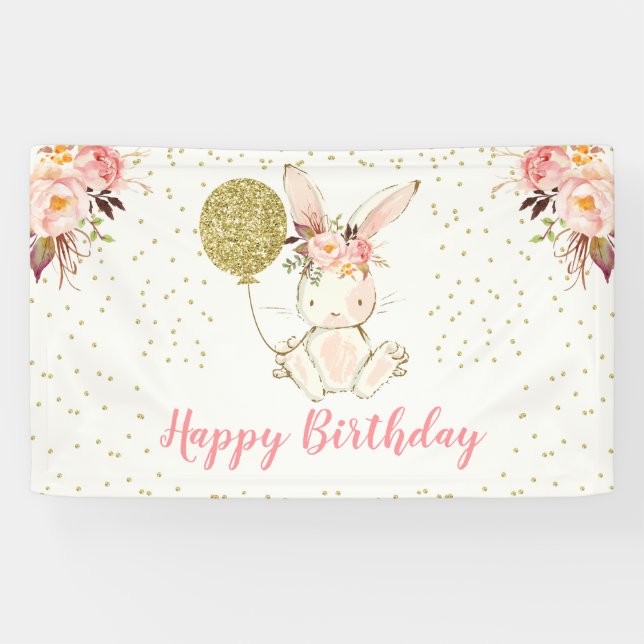 Floral Bunny Happy Birthday Banner (Horizontal)