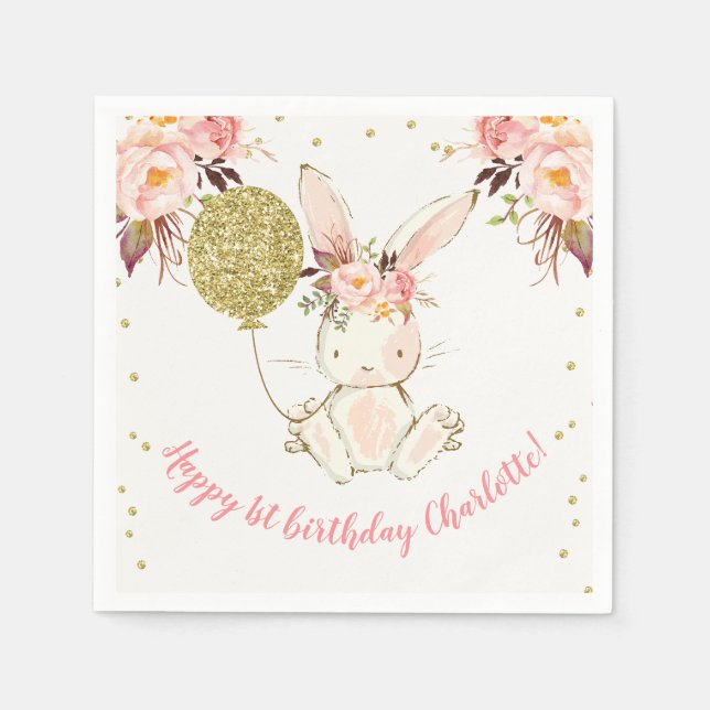 Floral Bunny Happy Birthday Paper Napkin (Front)