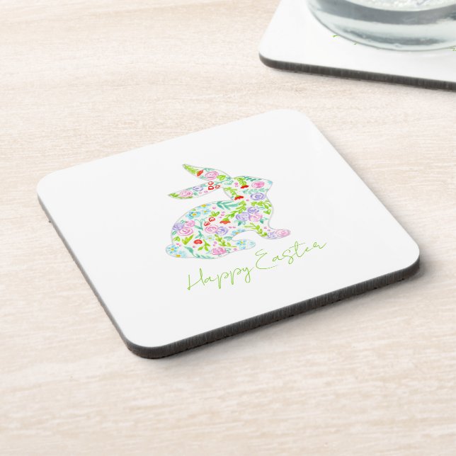 Floral Bunny HAPPY EASTER Spring Colourful Fun Coaster (Left Side)