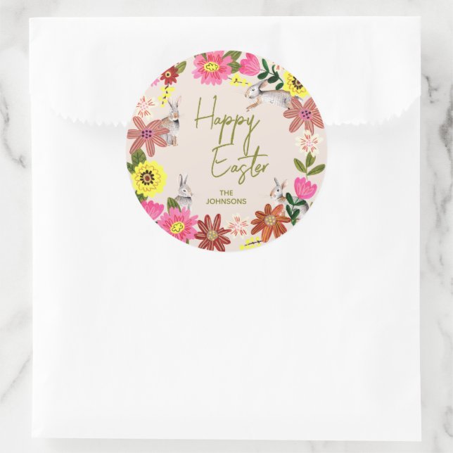 Floral Bunny Happy Easter Spring Gift Classic Round Sticker (Bag)