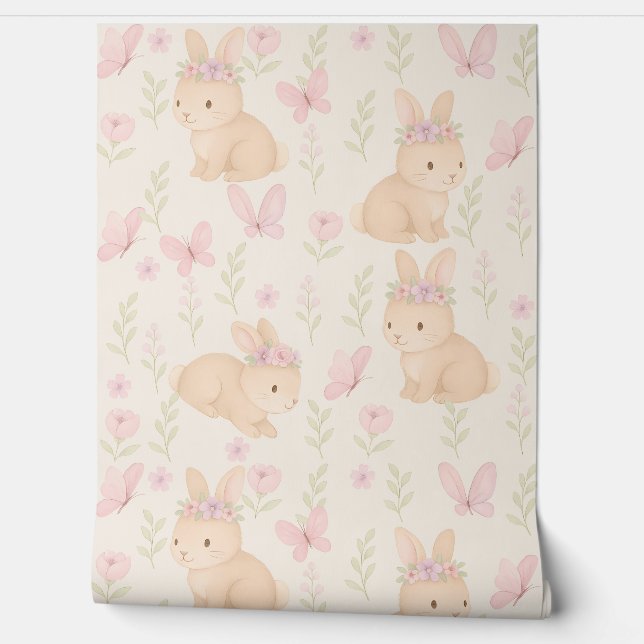 Floral Bunny Nursery Wallpaper – Soft Pink  (Unrolling)