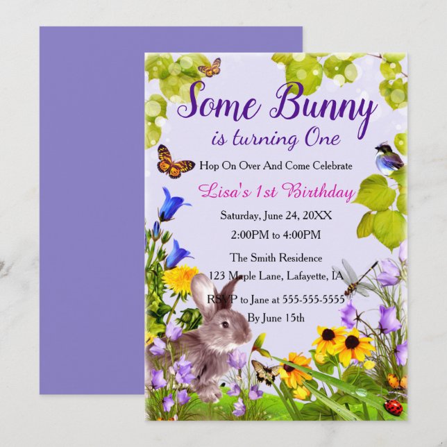 Floral Bunny Rabbit 1st Birthday Invitation (Front/Back)