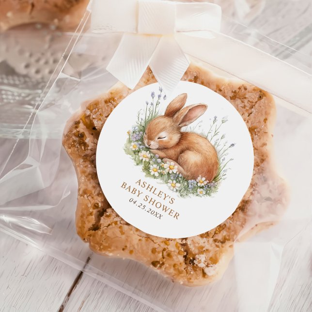 Floral Bunny Rabbit Baby Shower Classic Round Sticker (Creator Uploaded)