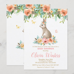 Floral Bunny Rabbit Baby Shower Woodland Baby Girl Invitation