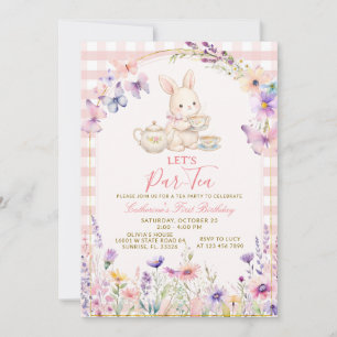 Floral Bunny Tea Party Birthday Pink Gingham Invitation