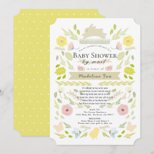 Floral Bunny Yellow Girl Baby Shower by Mail Invitation