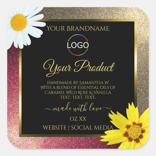 Floral Burgund Gold Black Product Labels with Logo (Front)