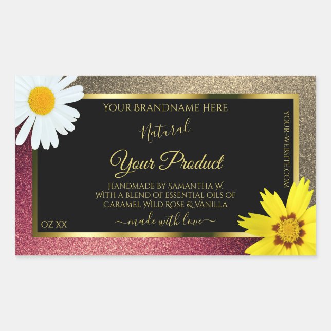 Floral Burgund Gold Glitter Black Product Labels (Front)