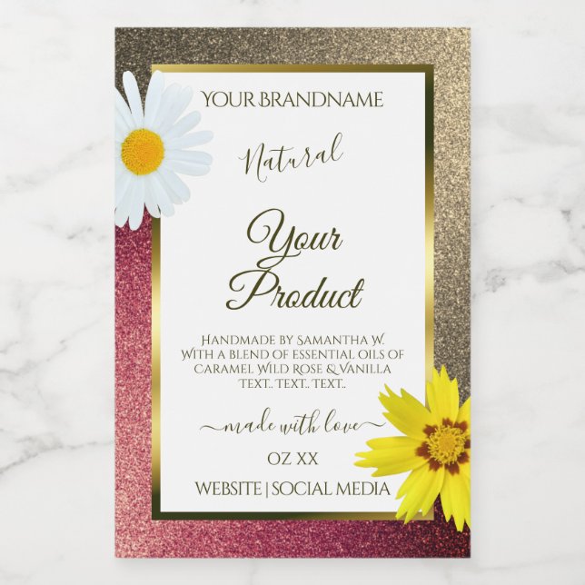 Floral Burgund Gold Glitter White Product Labels (Single Label)