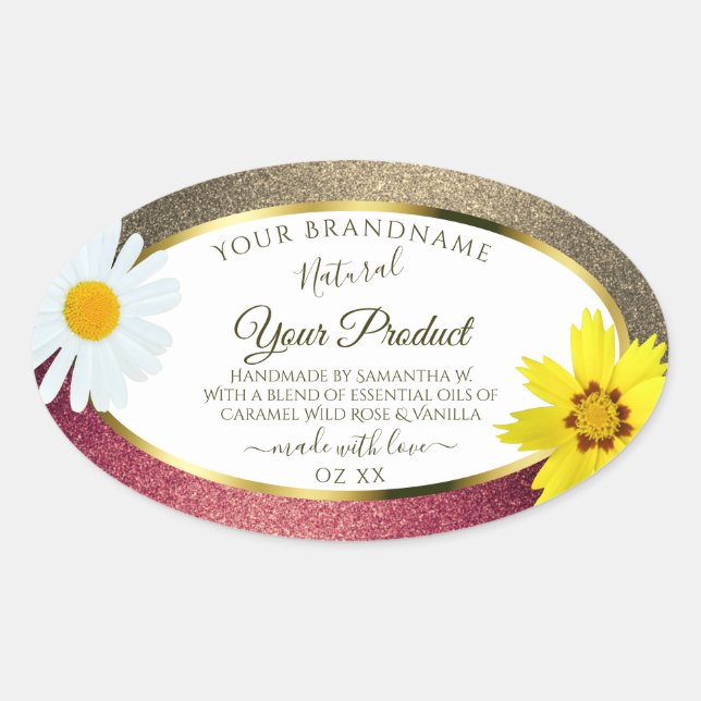 Floral Burgund Gold Glitter White Product Labels (Front)