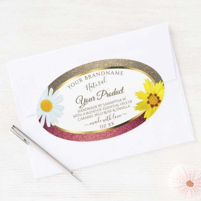 Floral Burgund Gold Glitter White Product Labels (Envelope)