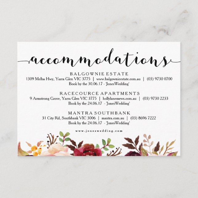 Floral Burgundy Accommodations Info Card (Front)