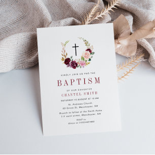 floral burgundy and blush baptism invitation