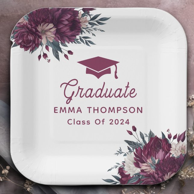 Floral Burgundy And Cream Graduation Class Of 2024 Paper Plate (Creator Uploaded)