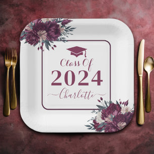 Floral Burgundy And Cream Graduation Class Of 2024 Paper Plate