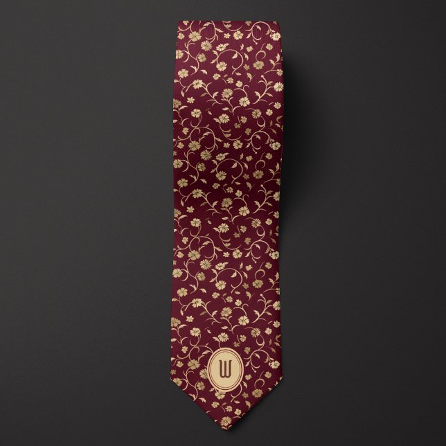 Floral Burgundy and Gold Monogram  Tie (Creator Uploaded)