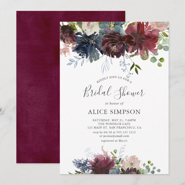 Floral Burgundy And Navy Blue Bridal Shower Invitation (Front/Back)