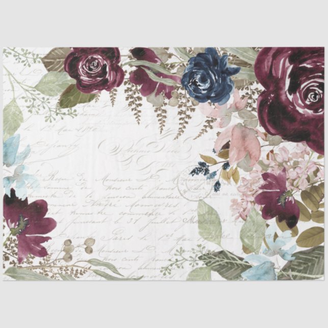 Floral Burgundy and Navy Script Ephemera Decoupage Tissue Paper (Front)