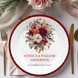 Floral Burgundy Autumn Wedding Paper Plates Design