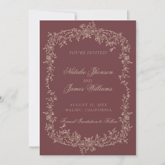 Floral Burgundy Beige Botanical Old Money Wedding Save The Date (Back)