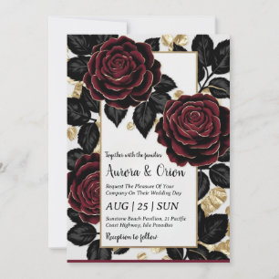floral burgundy black and gold wedding invitations