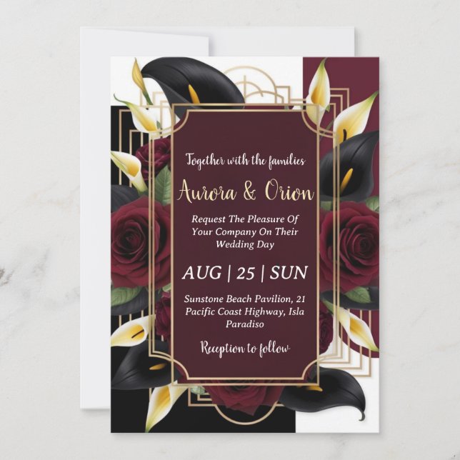floral burgundy black and gold wedding invitations (Front)