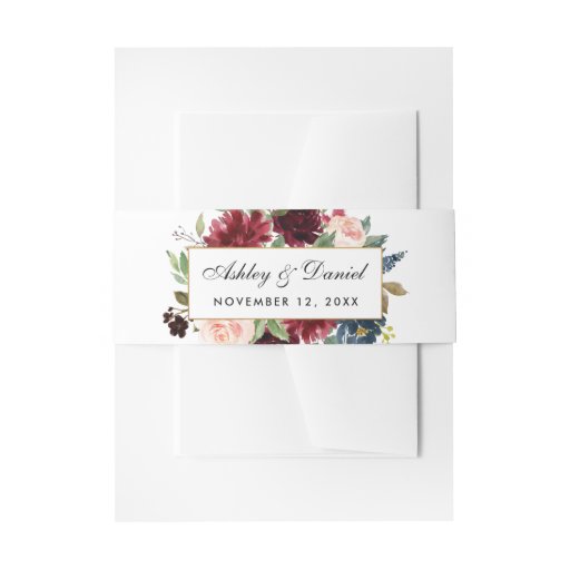 Image of Floral Burgundy Blue Elegant Wedding Invitation Belly Band