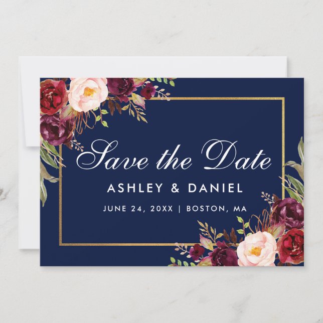 Floral Burgundy Blue Gold Save The Date (Front)