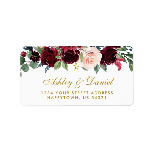 Floral Burgundy Blue Gold Wedding Address Label (Front)
