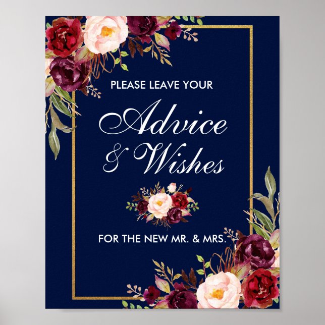 Floral Burgundy Blue Gold Wedding Advice Wishes Poster (Front)