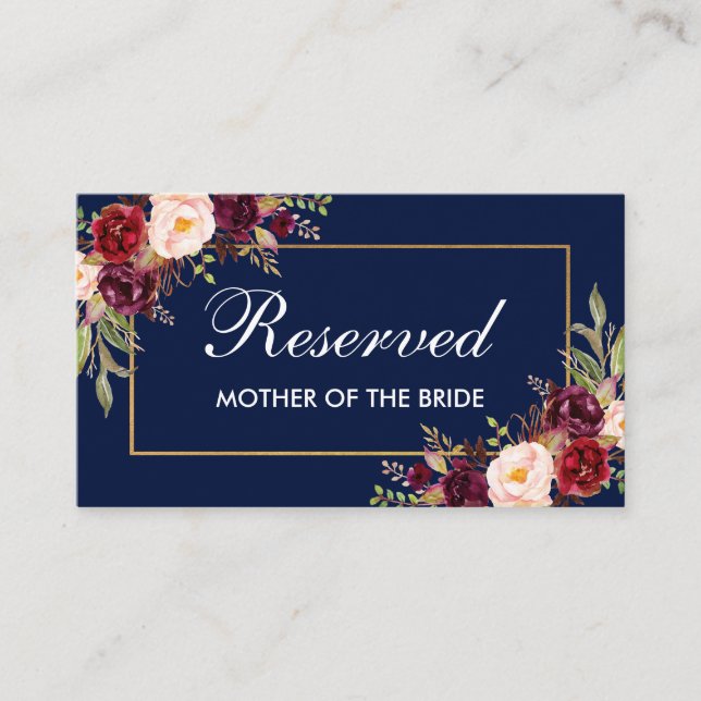 Floral Burgundy Blue Gold Wedding Reserved Name Place Card (Front)