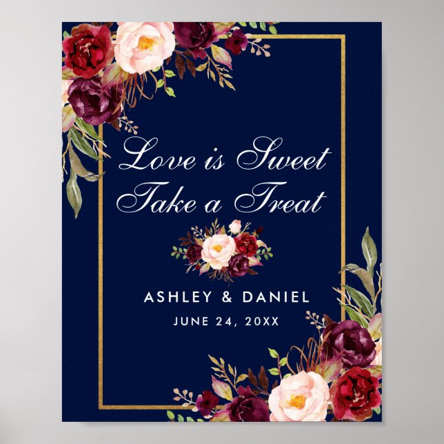 Floral Burgundy Blue Gold Wedding Treat Poster (Front)