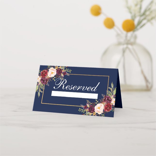 Floral Burgundy Blue Reserved Wedding Place Card (Front)
