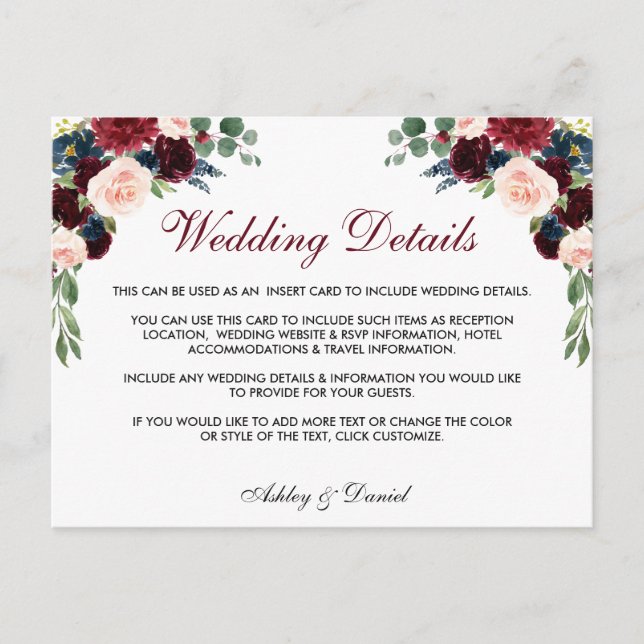 Floral Burgundy Blue Wedding Details Insert Card (Front)