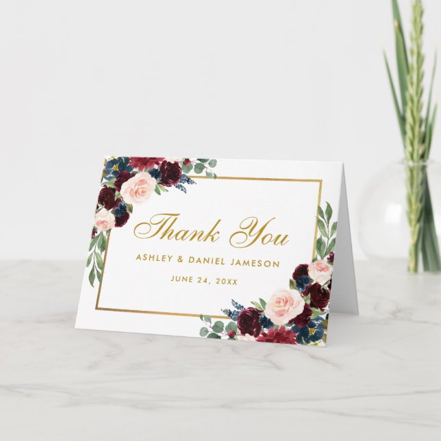 Floral Burgundy Blue Wedding Gold Thanks Fold Card (Front)