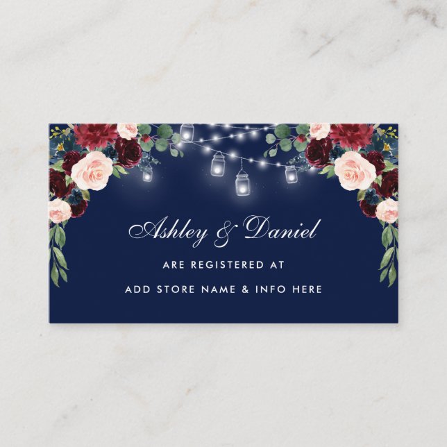 Floral Burgundy Blue Wedding Registry Insert Card (Front)